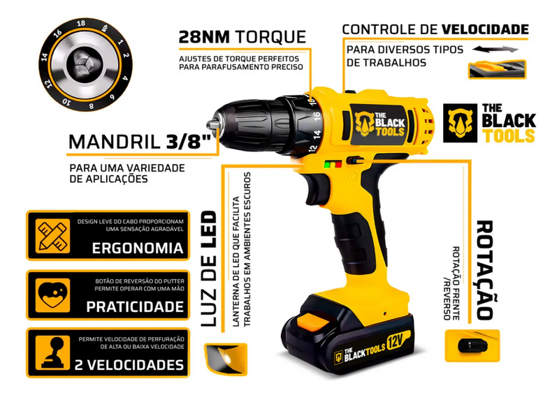 Jogo De Ferramentas 169 Peças Com Maleta E Furadeira Parafusadeira Sem Fio A Bateria Tb-12e 12v 3/8 10mm The Black Tools